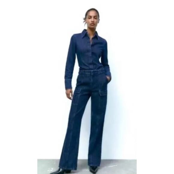 Zara womens 0 cargo denim jeans darkTailored Cargo Pant Flared Leg Slim Fit - Picture 1 of 5